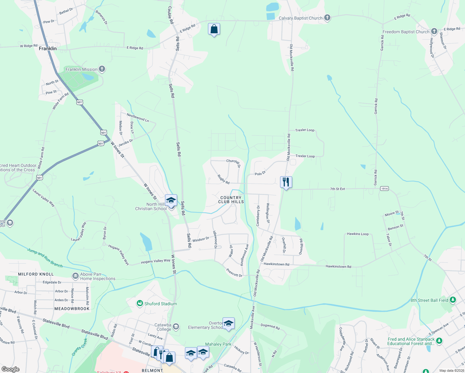 map of restaurants, bars, coffee shops, grocery stores, and more near 305 Rugby Road in Salisbury