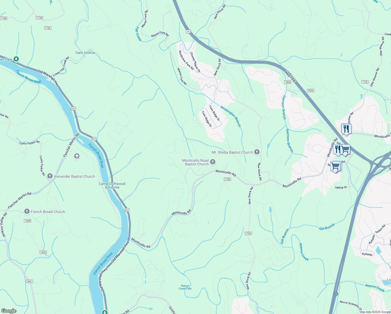 map of restaurants, bars, coffee shops, grocery stores, and more near 46 Spicewood Road in Weaverville