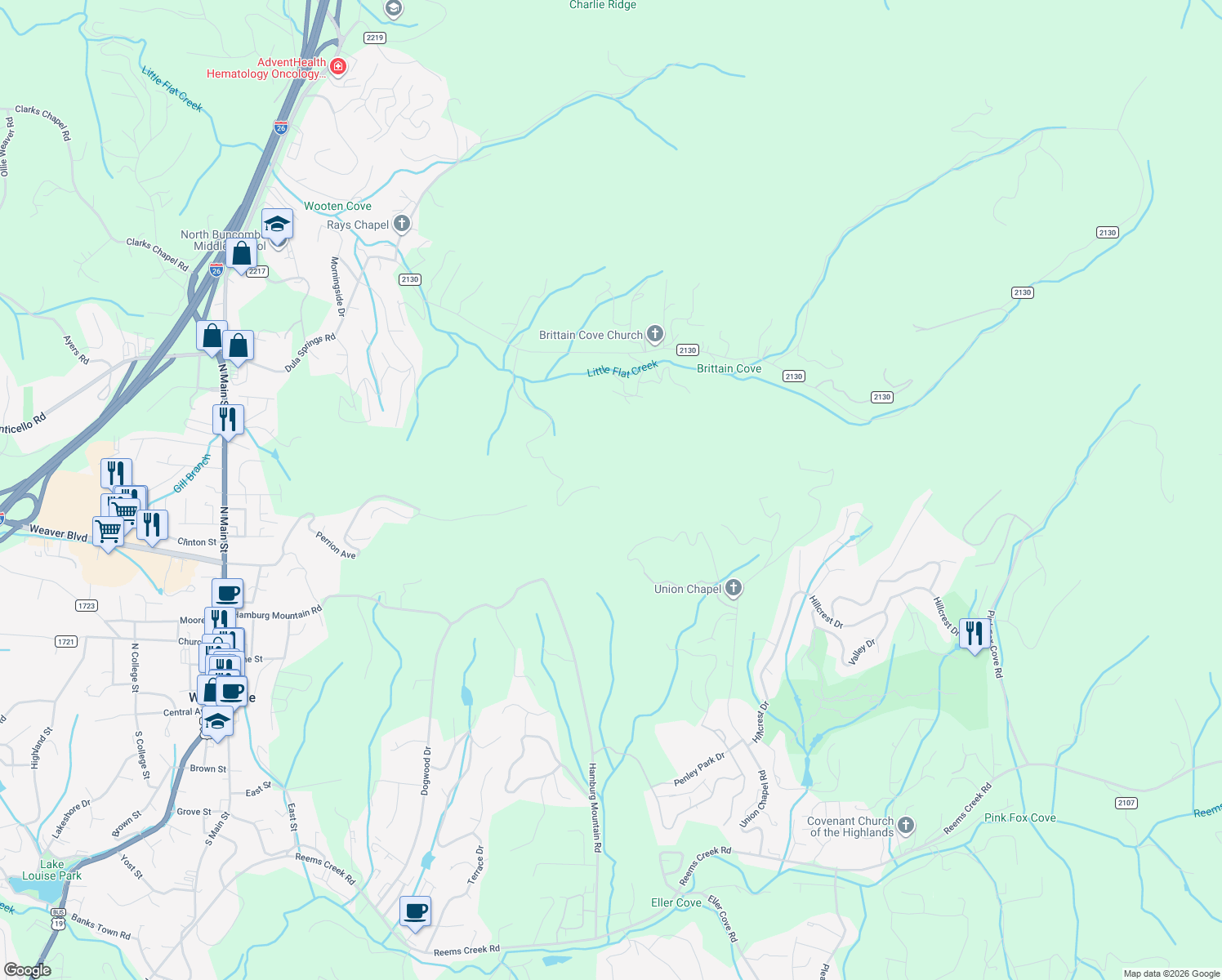 map of restaurants, bars, coffee shops, grocery stores, and more near in Weaverville