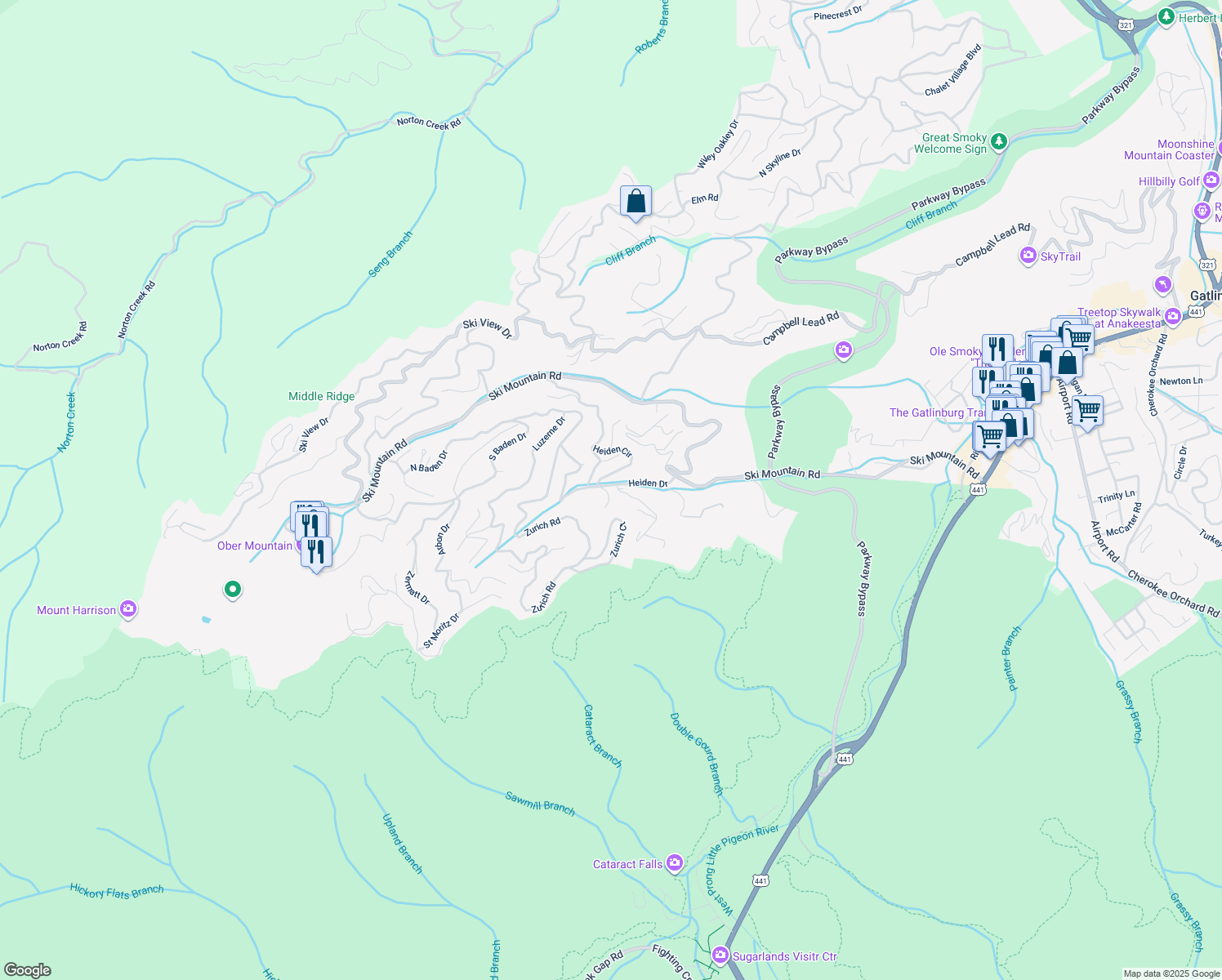 map of restaurants, bars, coffee shops, grocery stores, and more near 741 Heiden Drive in Gatlinburg