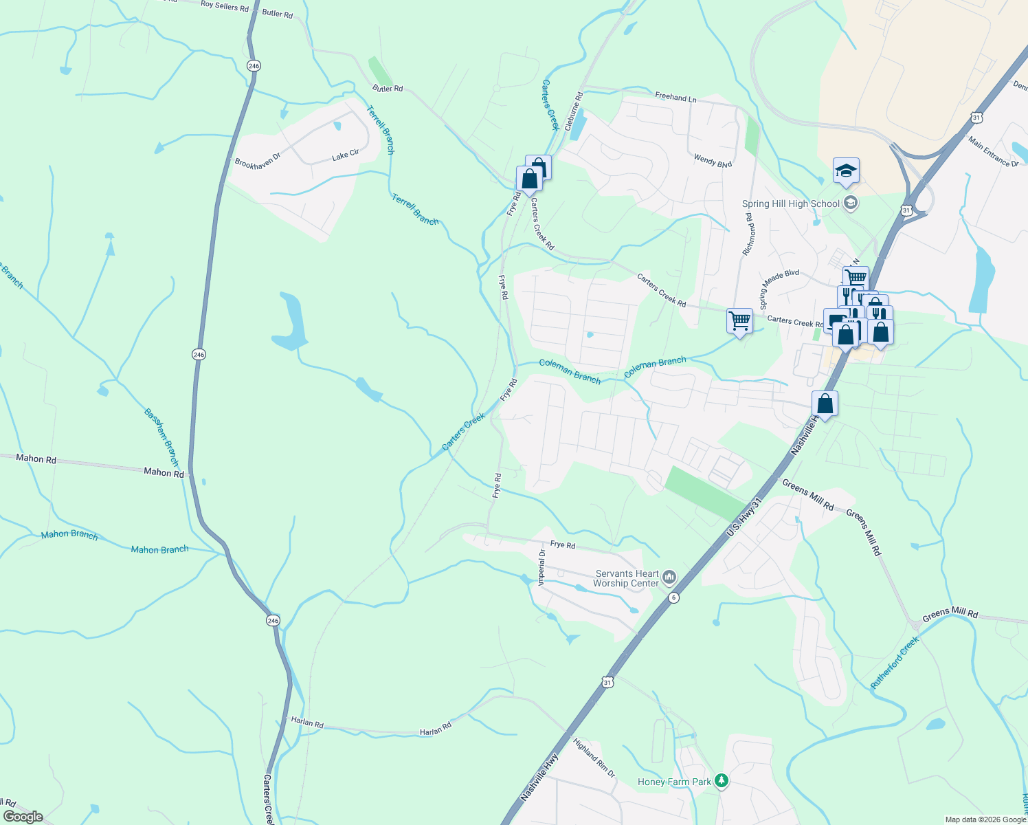 map of restaurants, bars, coffee shops, grocery stores, and more near 1642 Frye Road in Columbia