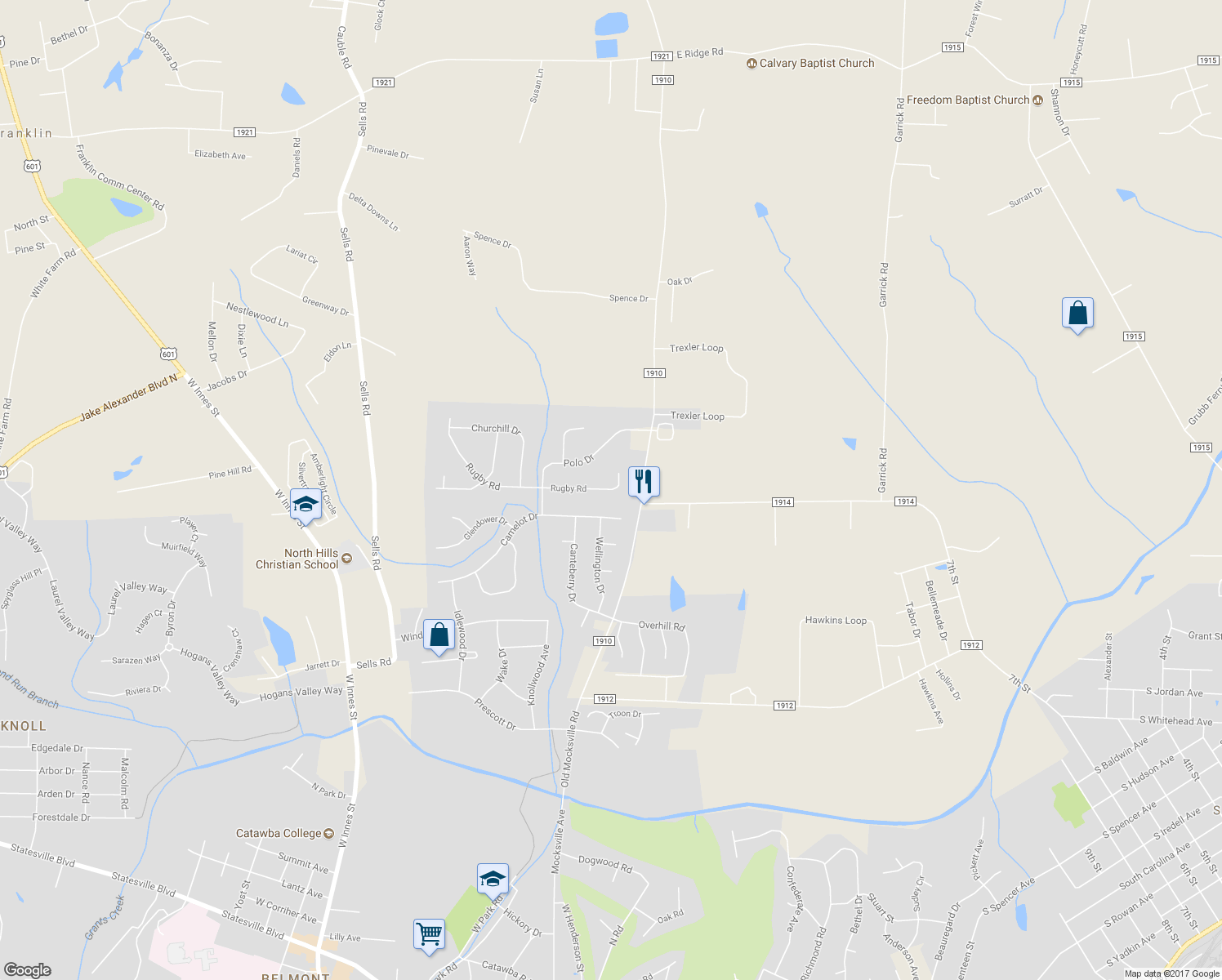 map of restaurants, bars, coffee shops, grocery stores, and more near 121 Rugby Road in Salisbury