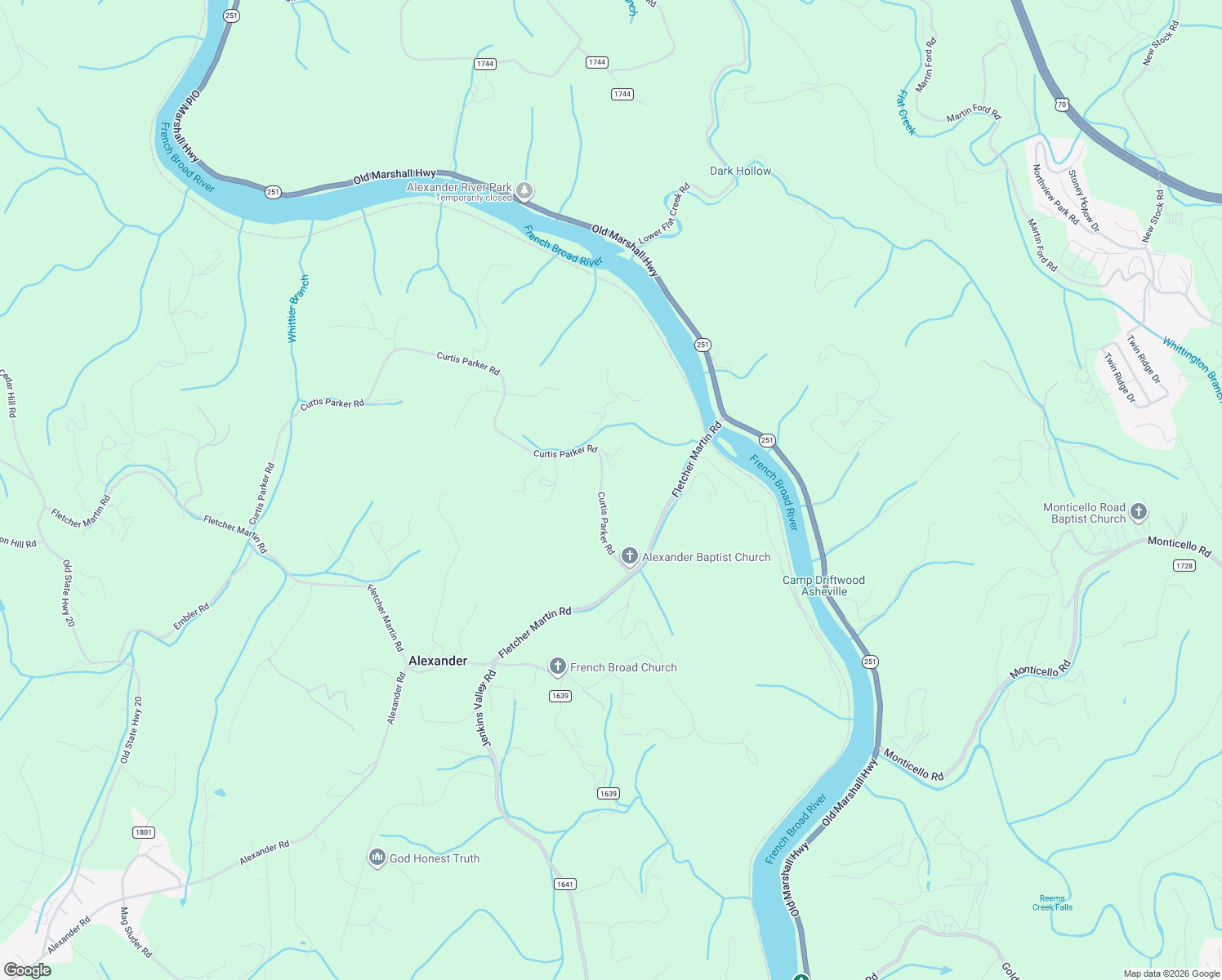 map of restaurants, bars, coffee shops, grocery stores, and more near 99 Curtis Parker Road in Alexander