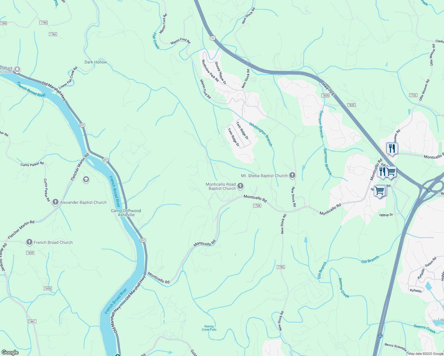 map of restaurants, bars, coffee shops, grocery stores, and more near 46 Spicewood Road in Weaverville