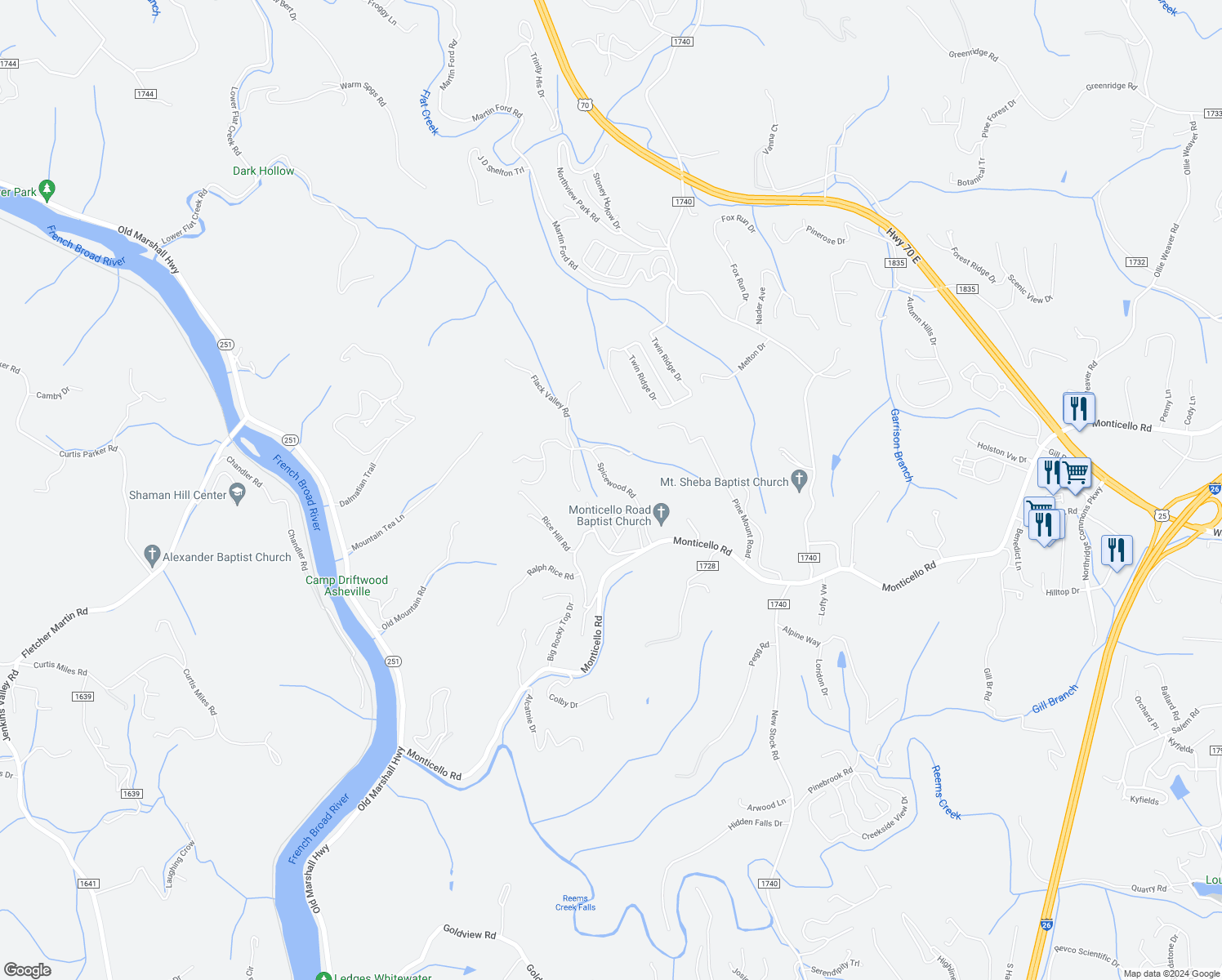 map of restaurants, bars, coffee shops, grocery stores, and more near 46 Spicewood Road in Weaverville
