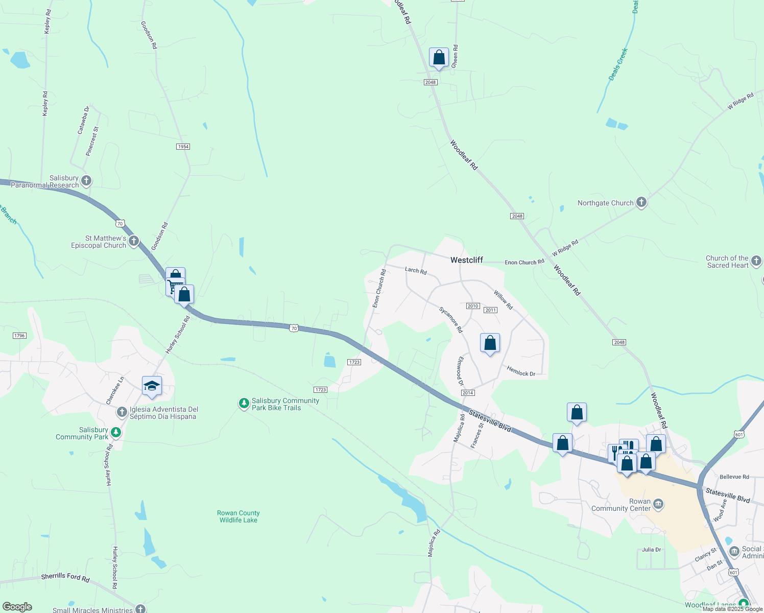 map of restaurants, bars, coffee shops, grocery stores, and more near 2825 Enon Church Road in Salisbury