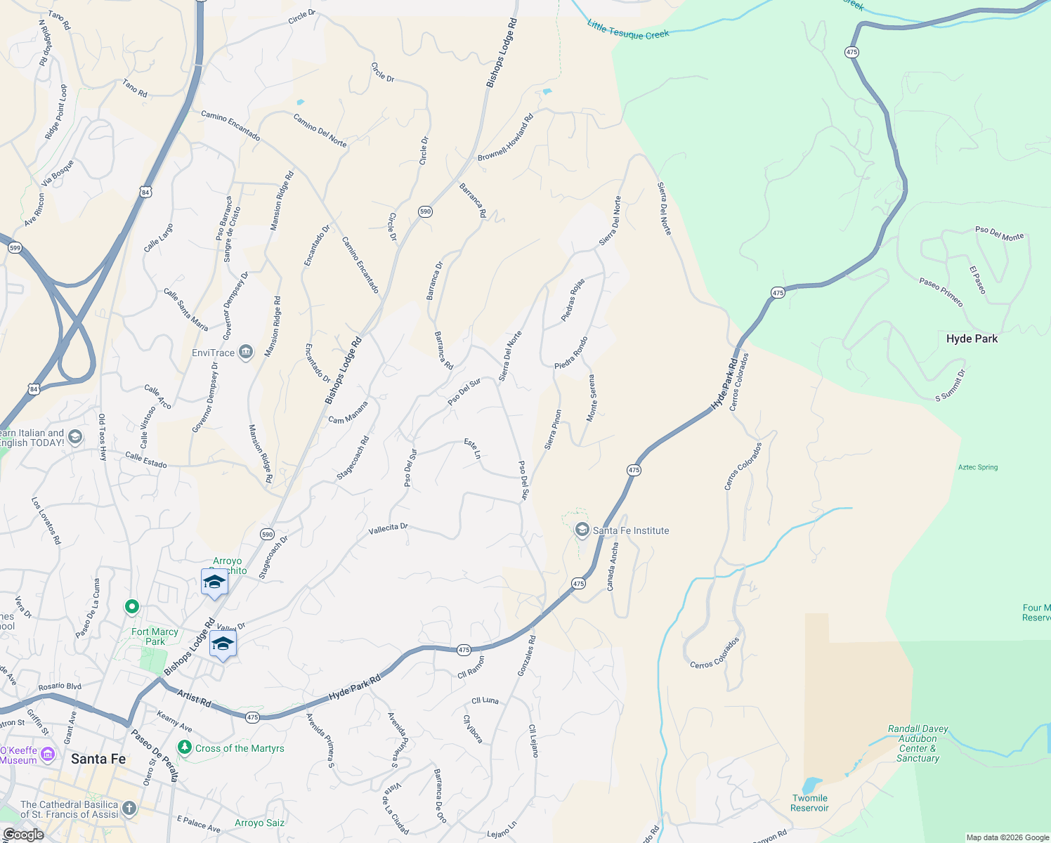 map of restaurants, bars, coffee shops, grocery stores, and more near 1208 Indian Rock Lane in Santa Fe