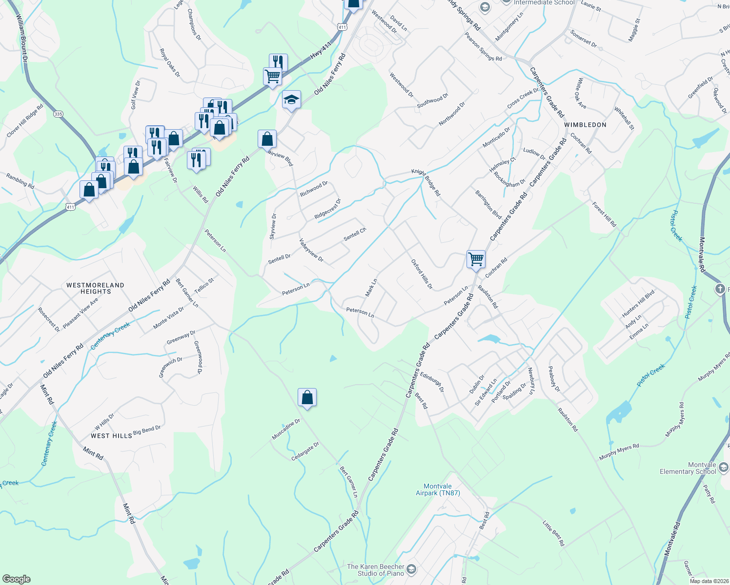 map of restaurants, bars, coffee shops, grocery stores, and more near 2301 Shawn Dr in Maryville
