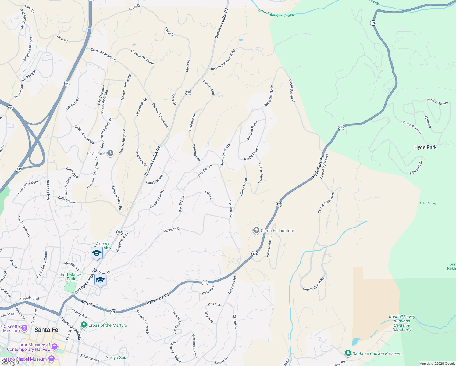 map of restaurants, bars, coffee shops, grocery stores, and more near 1208 Indian Rock Lane in Santa Fe