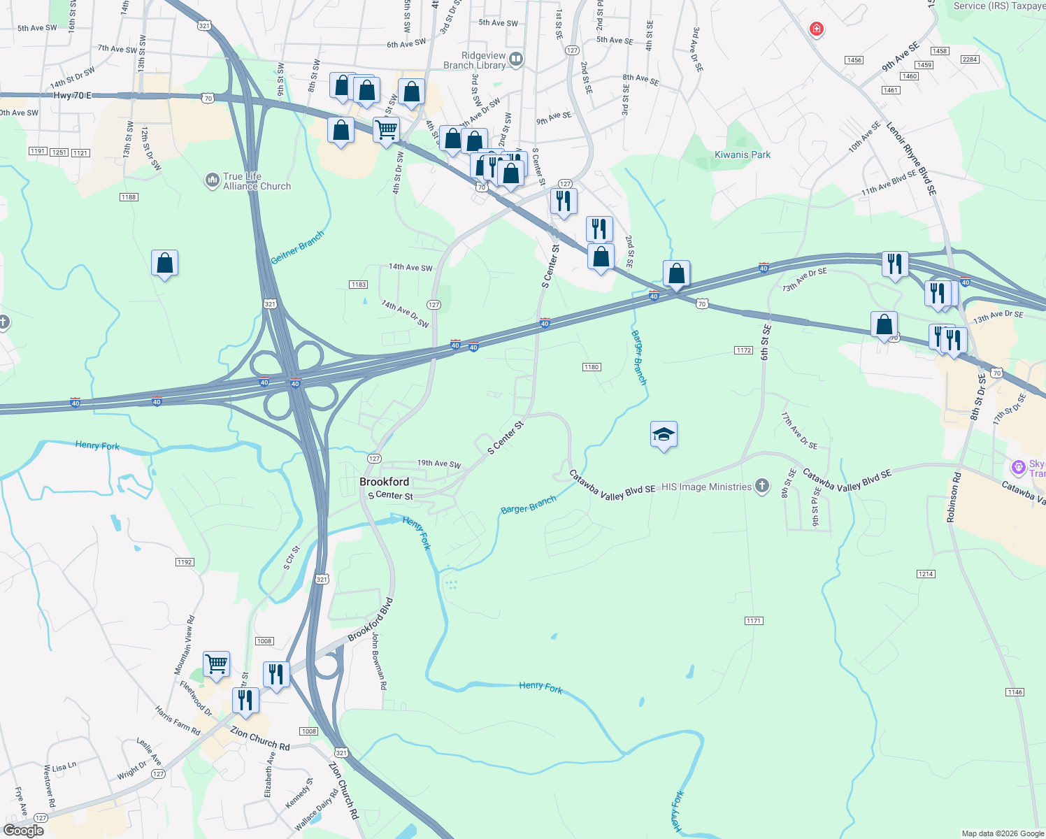 map of restaurants, bars, coffee shops, grocery stores, and more near 1644 S Center St in Hickory
