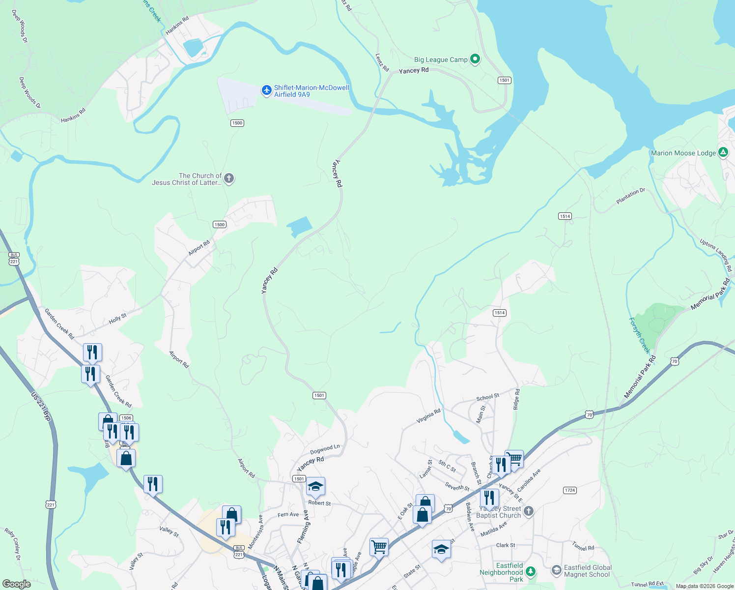 map of restaurants, bars, coffee shops, grocery stores, and more near 400 Fox Tail Heights in Marion