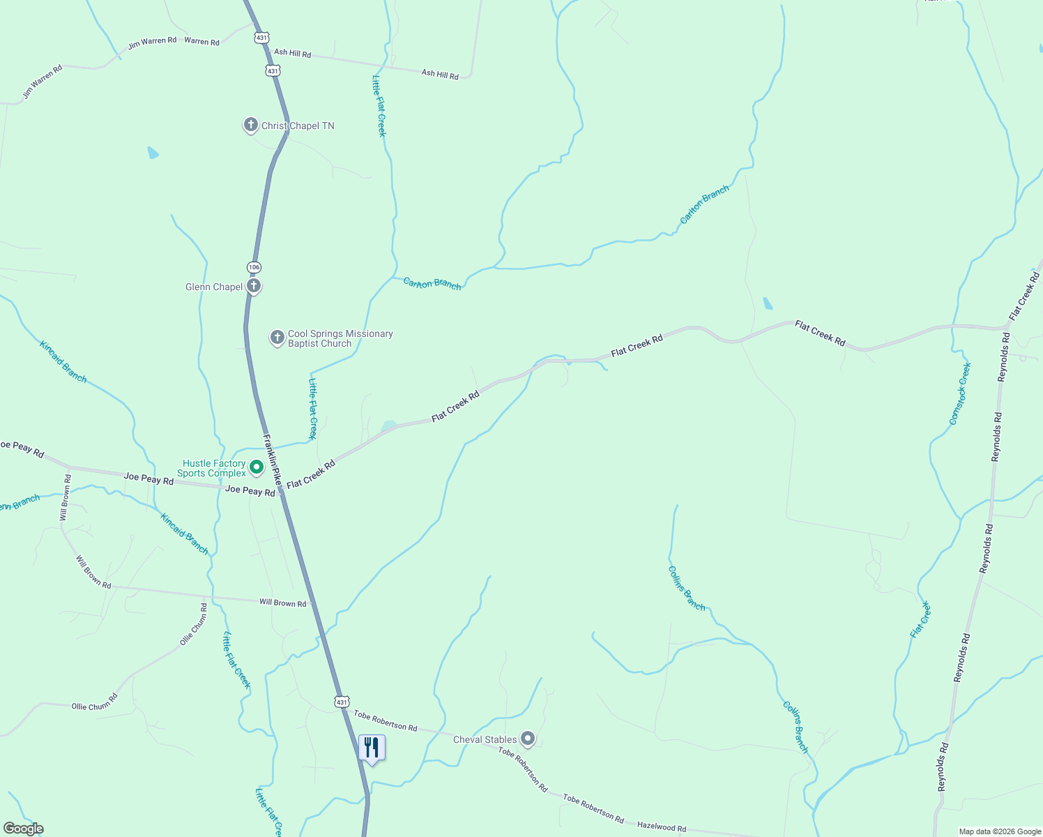 map of restaurants, bars, coffee shops, grocery stores, and more near 5163 Flat Creek Road in Spring Hill