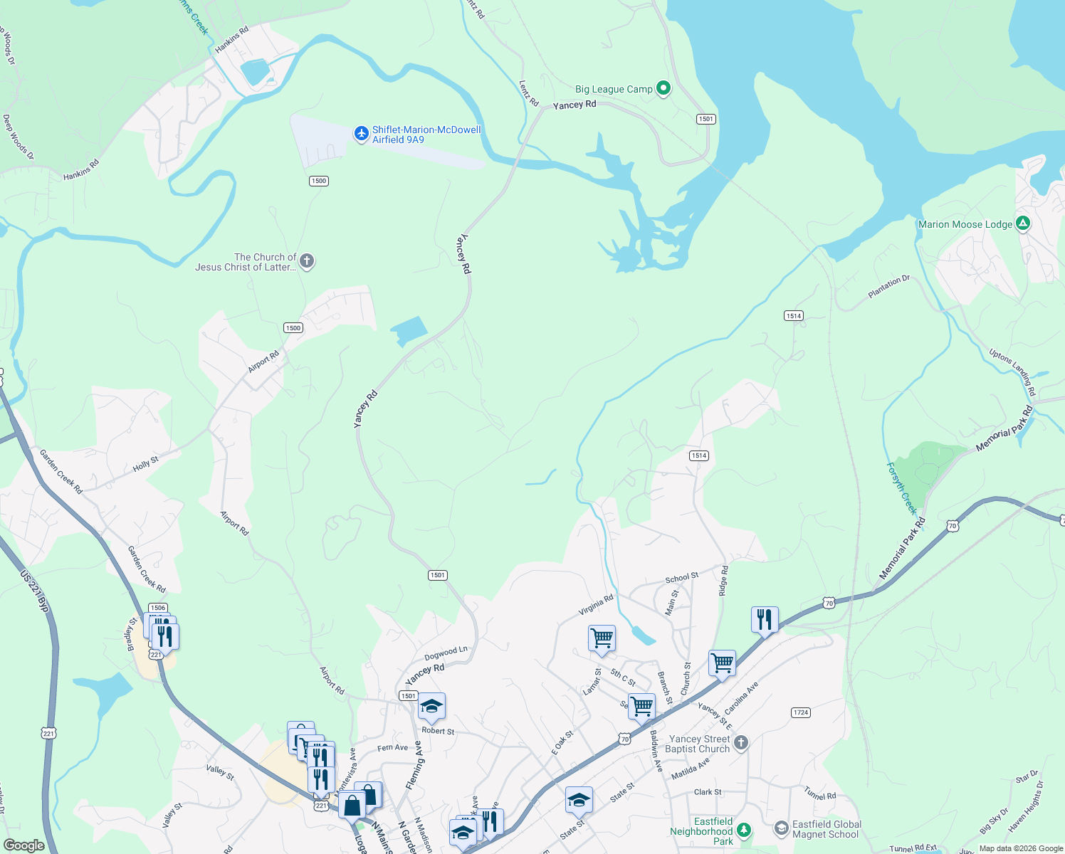 map of restaurants, bars, coffee shops, grocery stores, and more near 400 Foxtail Heights Drive in Marion
