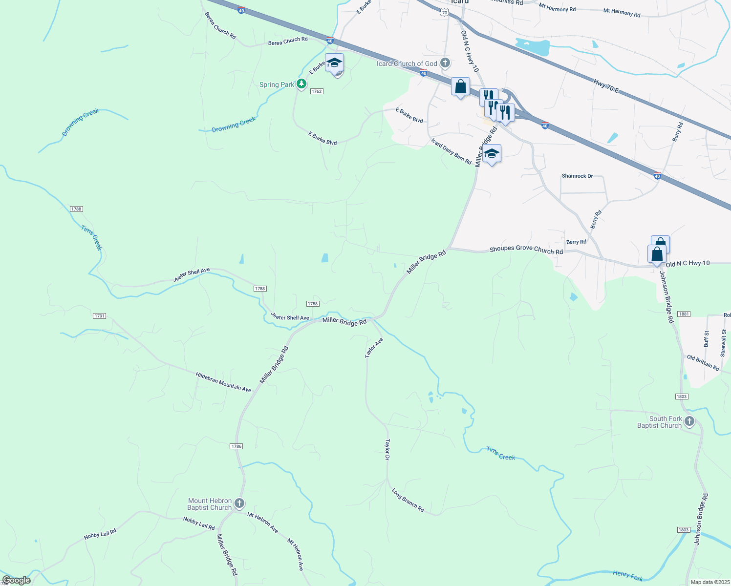 map of restaurants, bars, coffee shops, grocery stores, and more near 4018 Miller Bridge Road in Connelly Springs