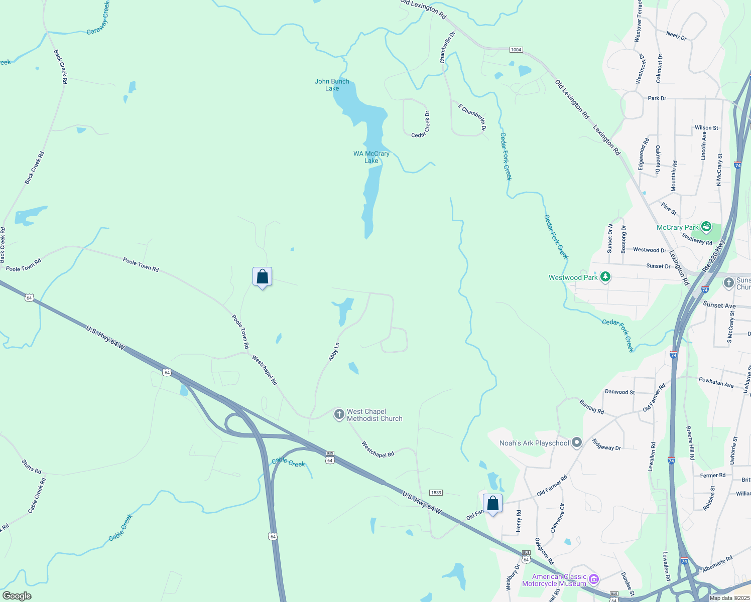 map of restaurants, bars, coffee shops, grocery stores, and more near 387 Westminster Court in Asheboro