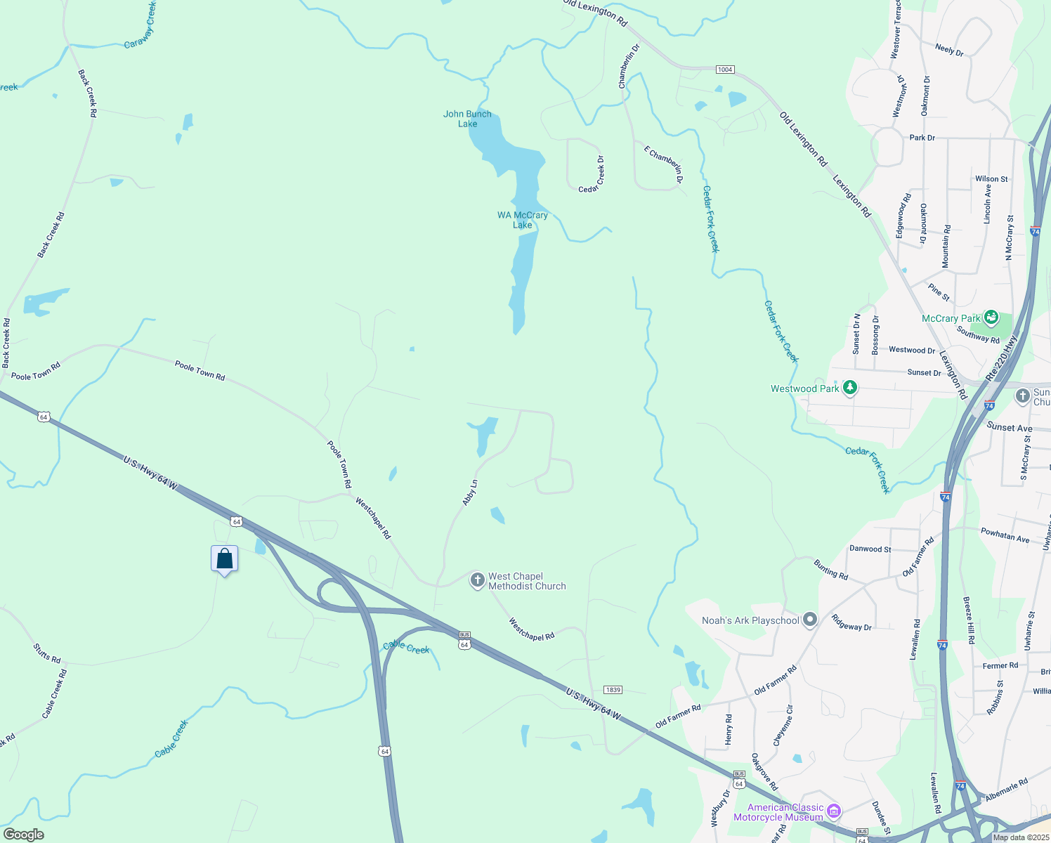 map of restaurants, bars, coffee shops, grocery stores, and more near 387 Westminster Court in Asheboro