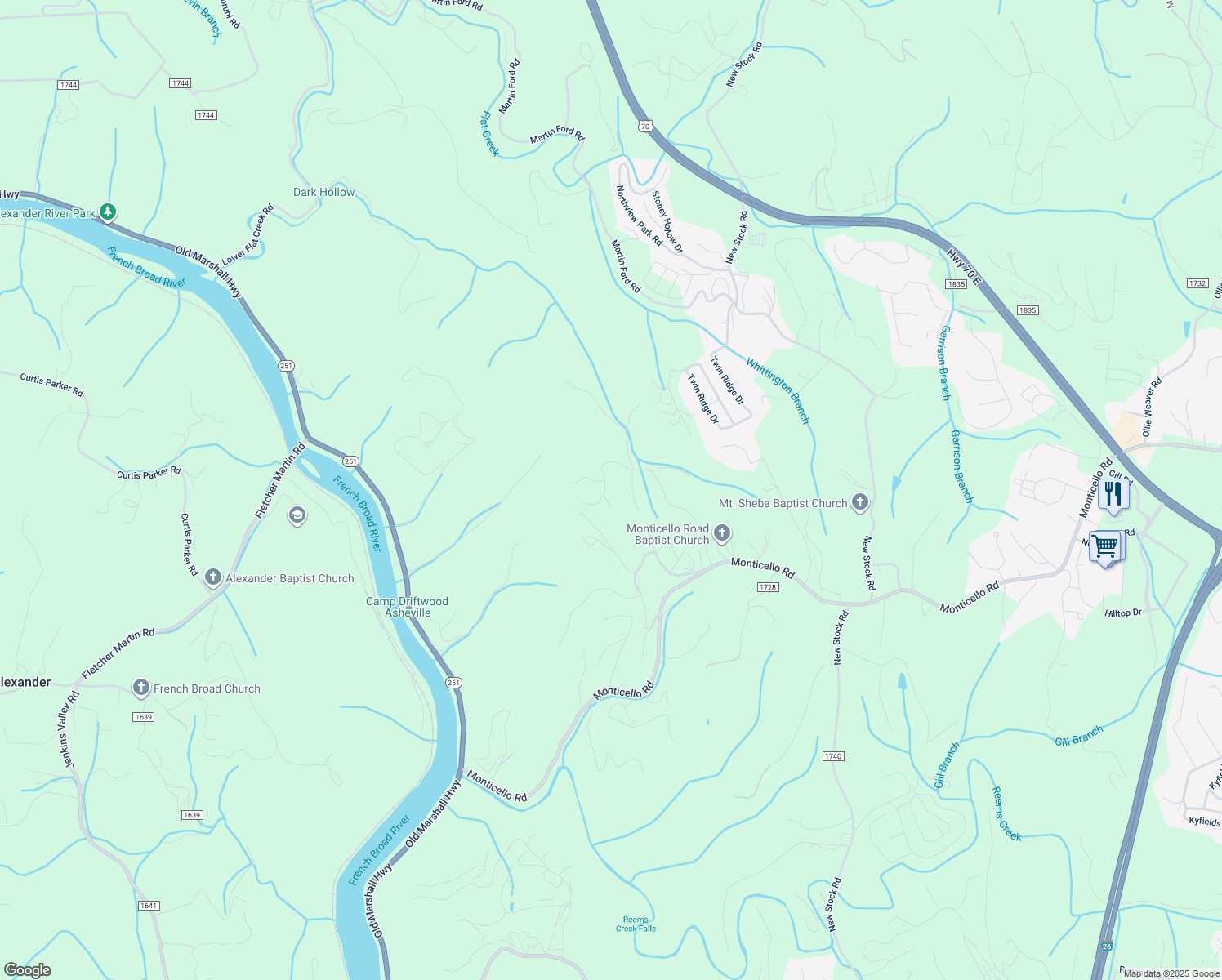 map of restaurants, bars, coffee shops, grocery stores, and more near 110 Spicewood Road in Weaverville