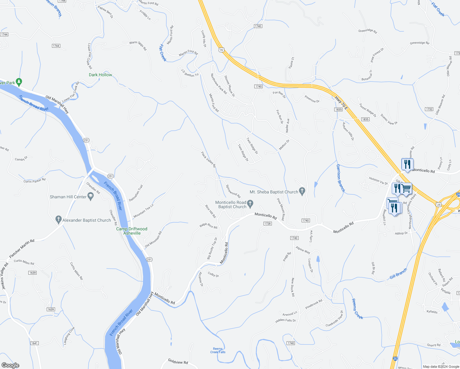 map of restaurants, bars, coffee shops, grocery stores, and more near 65 Spicewood Road in Weaverville