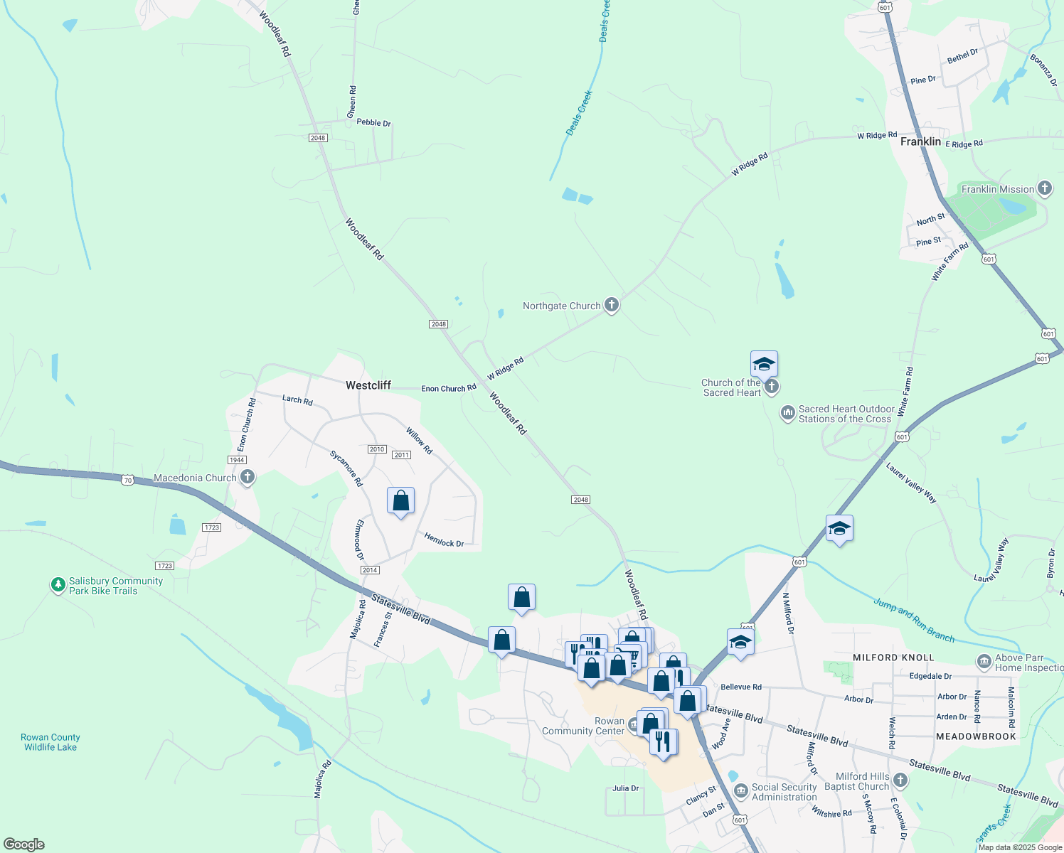 map of restaurants, bars, coffee shops, grocery stores, and more near 3040 Woodleaf Road in Salisbury