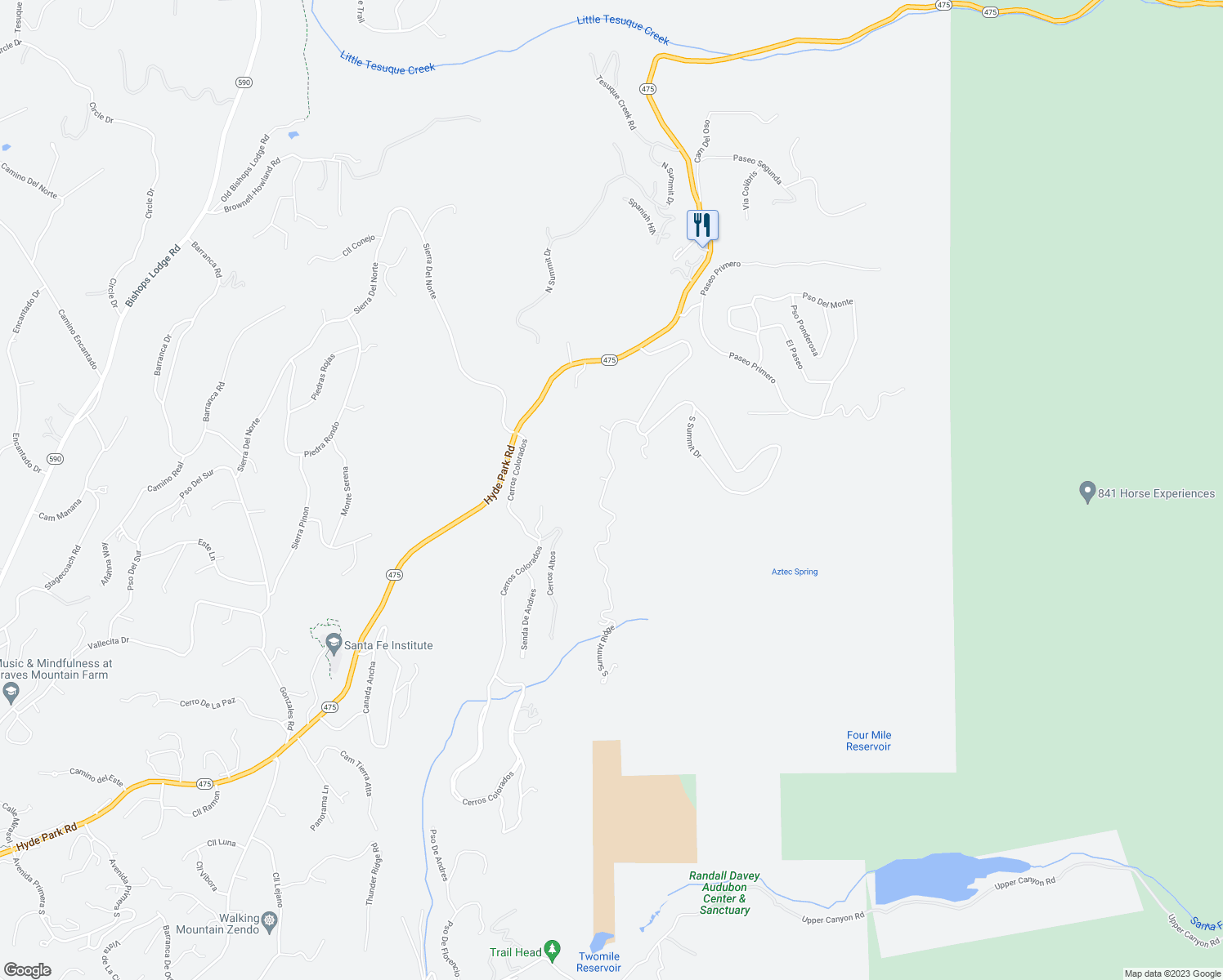 map of restaurants, bars, coffee shops, grocery stores, and more near 1105 South Summit Ridge in Santa Fe