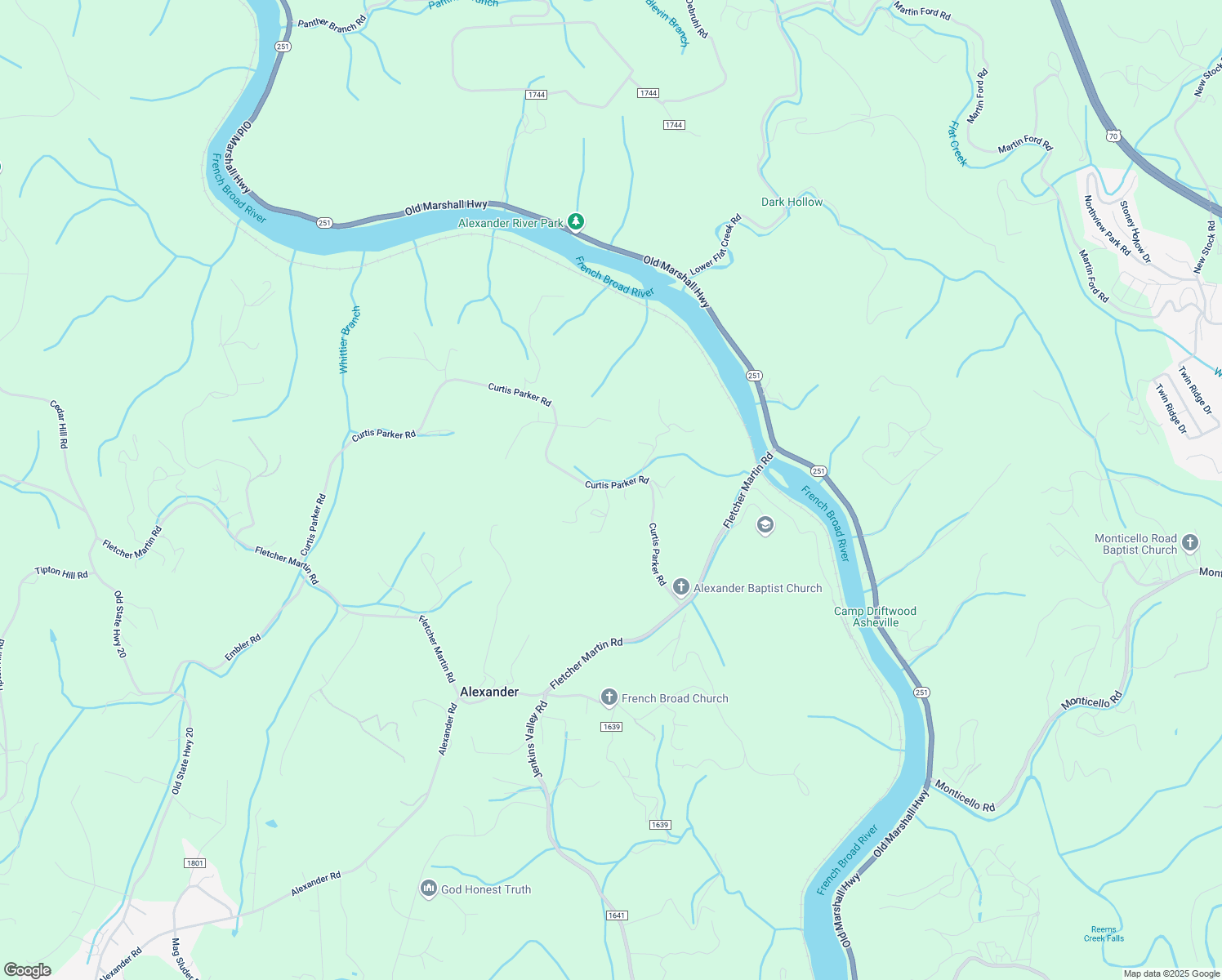 map of restaurants, bars, coffee shops, grocery stores, and more near 200 Curtis Parker Road in Alexander