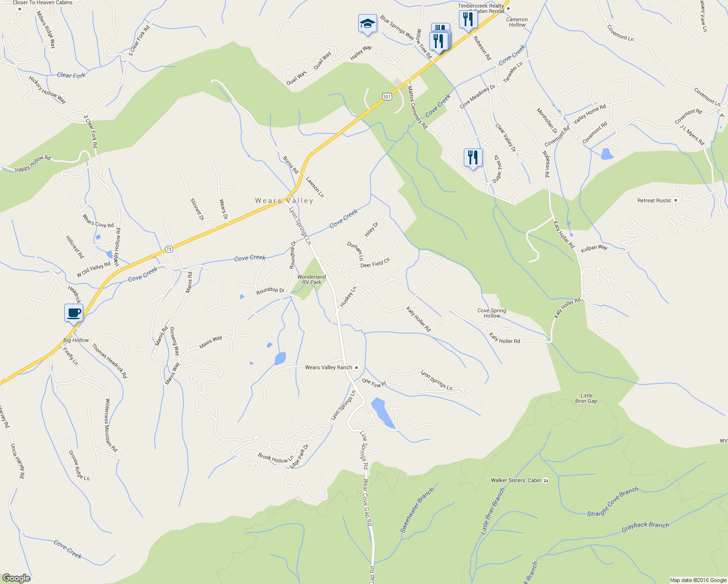 map of restaurants, bars, coffee shops, grocery stores, and more near 3901 Katy Hollar Road in Sevierville