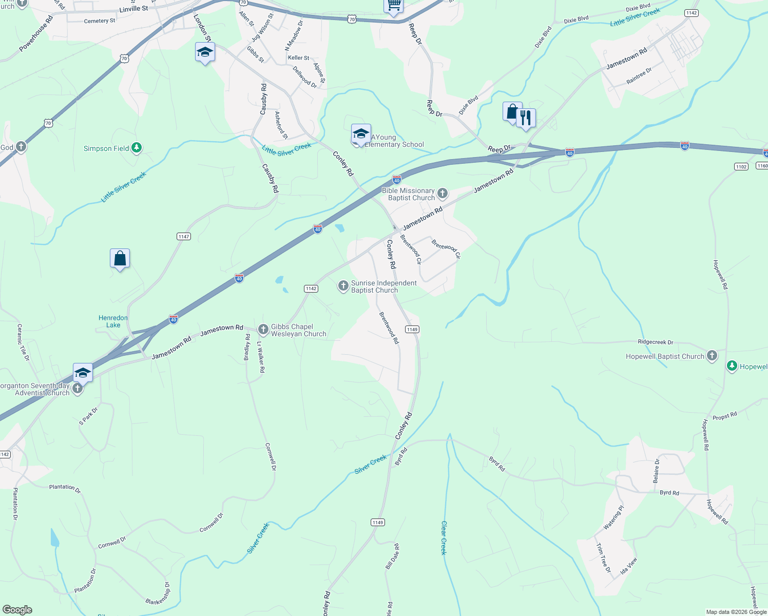 map of restaurants, bars, coffee shops, grocery stores, and more near 129 Brentwood Road in Morganton