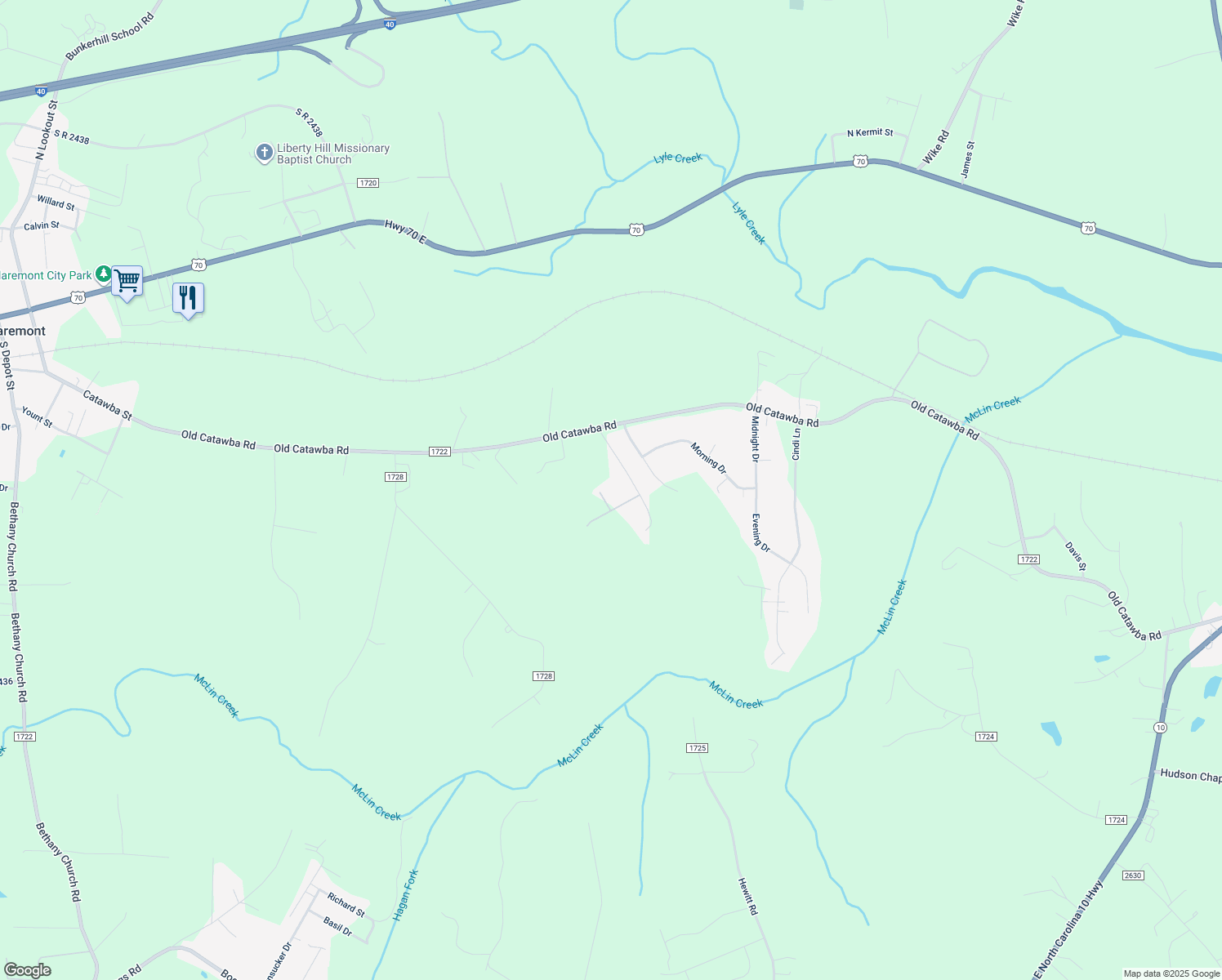 map of restaurants, bars, coffee shops, grocery stores, and more near 2606 Wacamaw Drive in Claremont