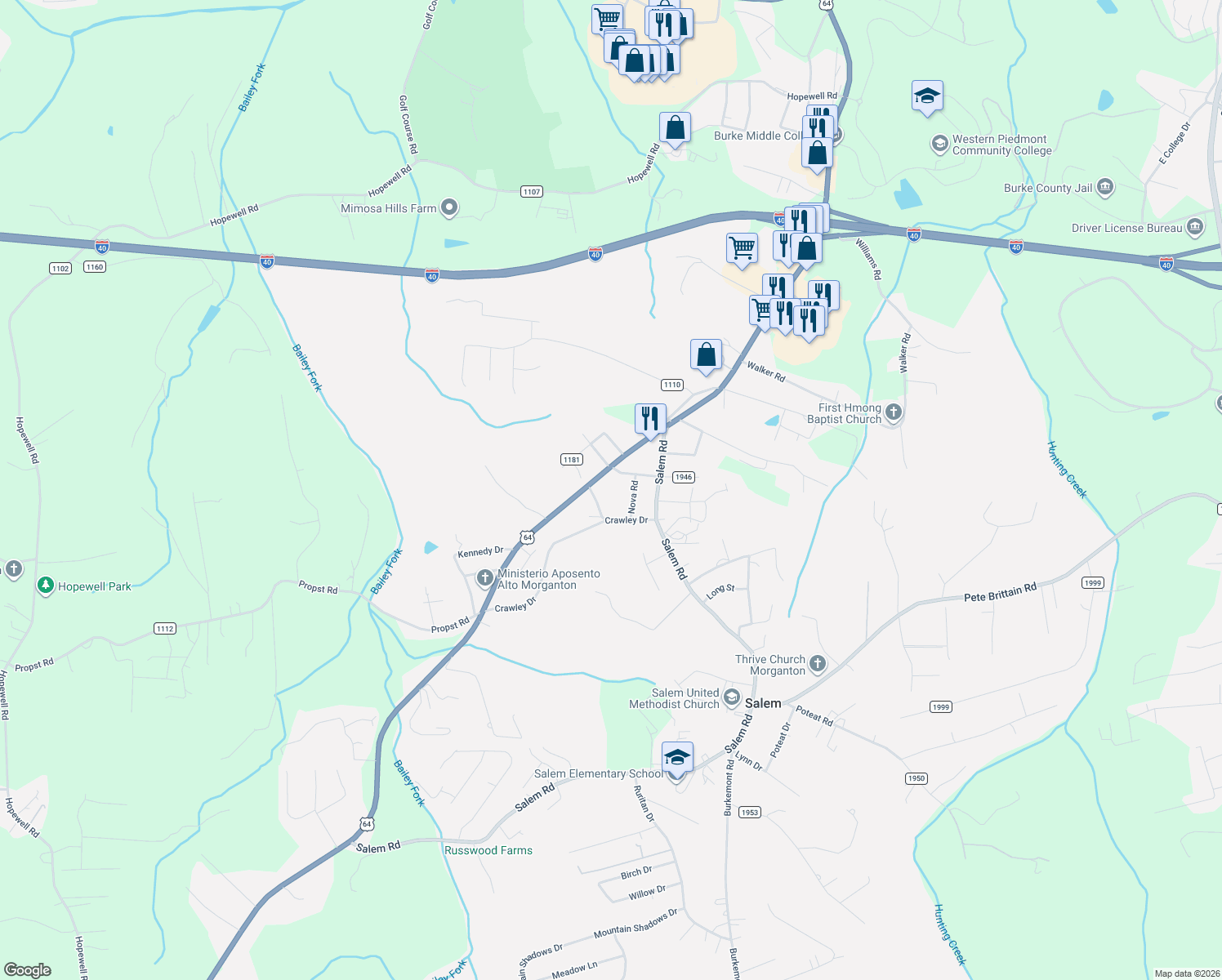 map of restaurants, bars, coffee shops, grocery stores, and more near 1709 Burkemont Ave in Morganton