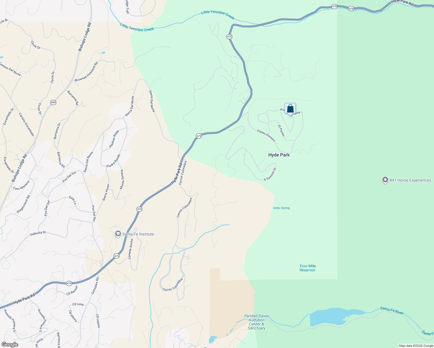 map of restaurants, bars, coffee shops, grocery stores, and more near 1105 South Summit Ridge in Santa Fe