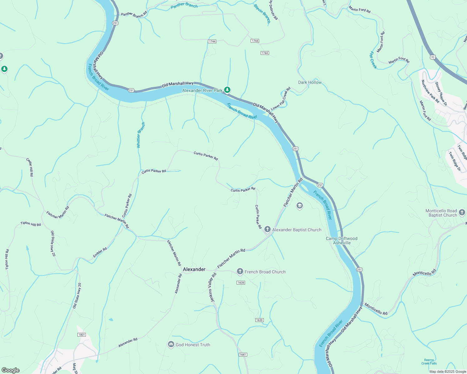 map of restaurants, bars, coffee shops, grocery stores, and more near 200 Curtis Parker Road in Alexander