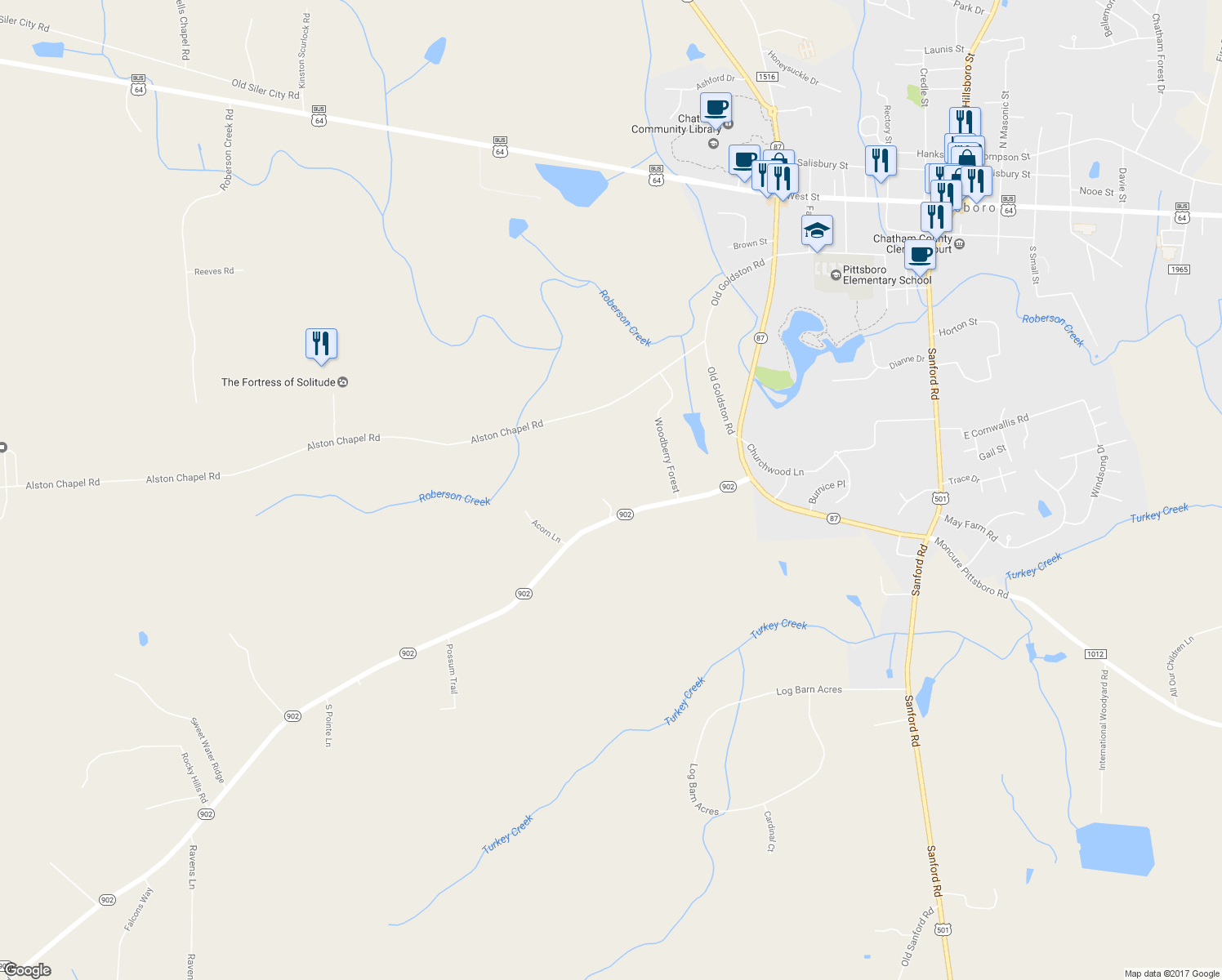 map of restaurants, bars, coffee shops, grocery stores, and more near 1132 Highway 902 in Pittsboro