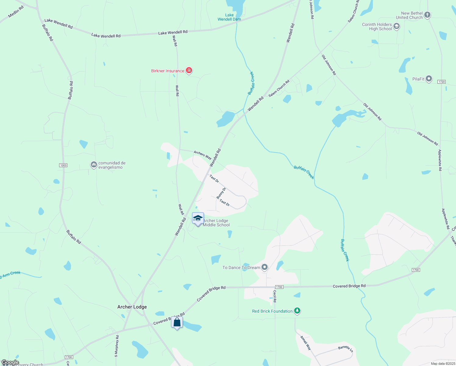 map of restaurants, bars, coffee shops, grocery stores, and more near 125 Tast Drive in Wendell