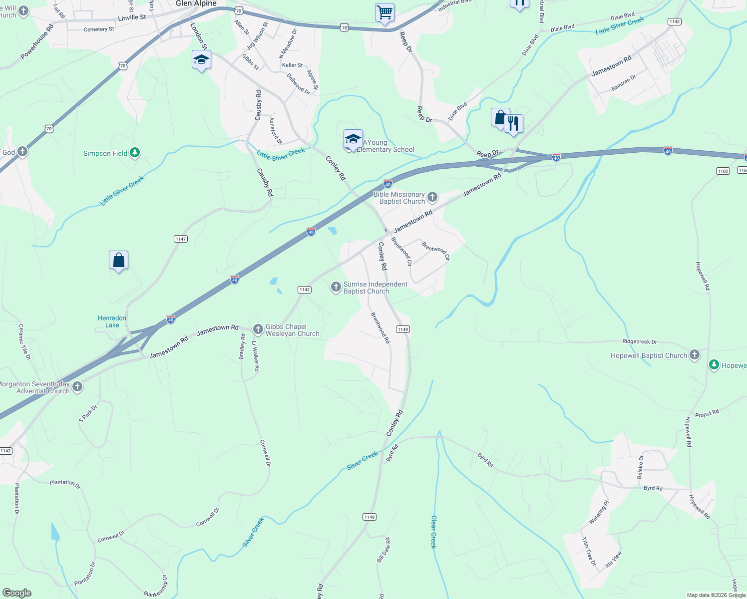 map of restaurants, bars, coffee shops, grocery stores, and more near 524 Conley Road in Morganton