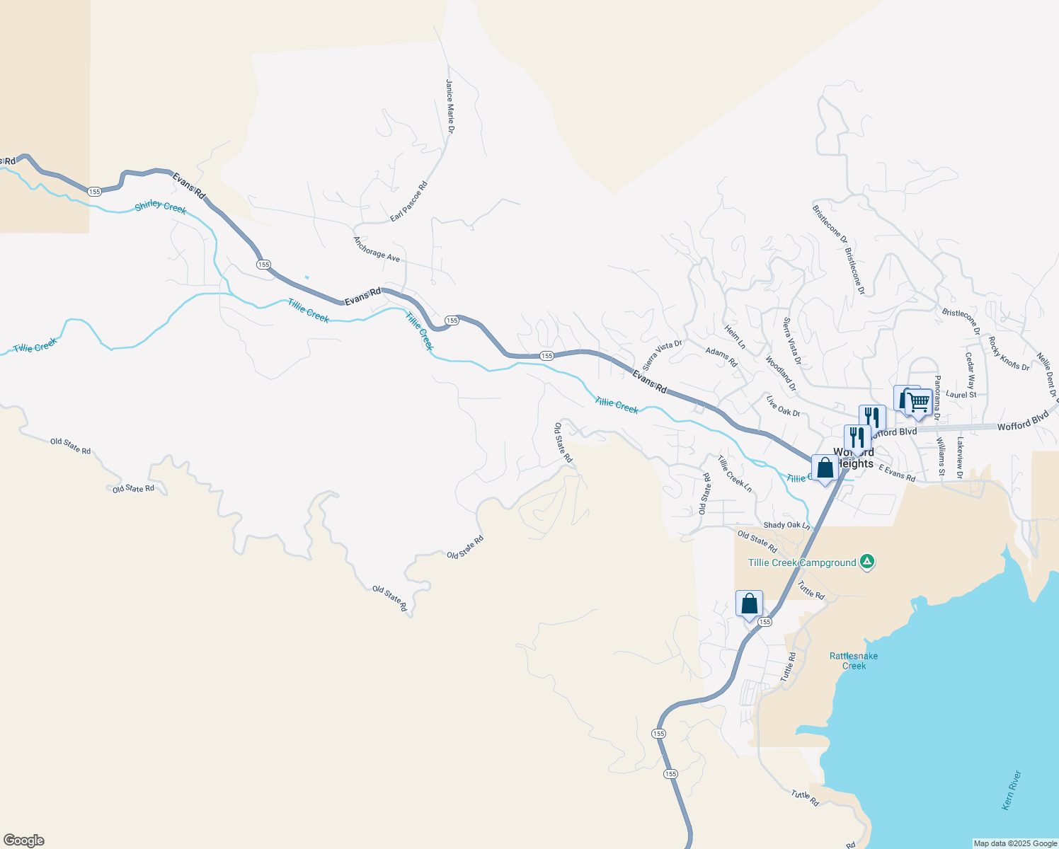 map of restaurants, bars, coffee shops, grocery stores, and more near 245 Mountain Shadow Road in Wofford Heights
