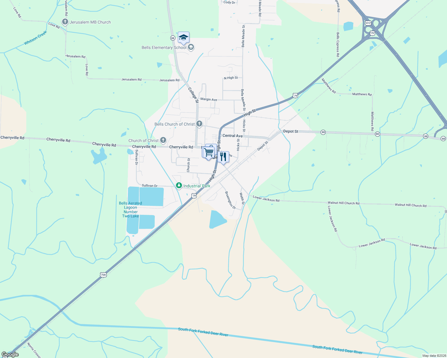 map of restaurants, bars, coffee shops, grocery stores, and more near 181 Depot St in Bells