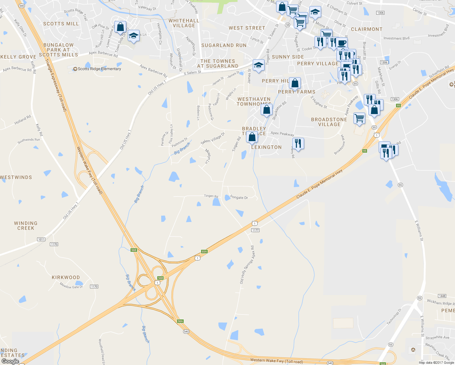 map of restaurants, bars, coffee shops, grocery stores, and more near 1003 Irongate Drive in Apex