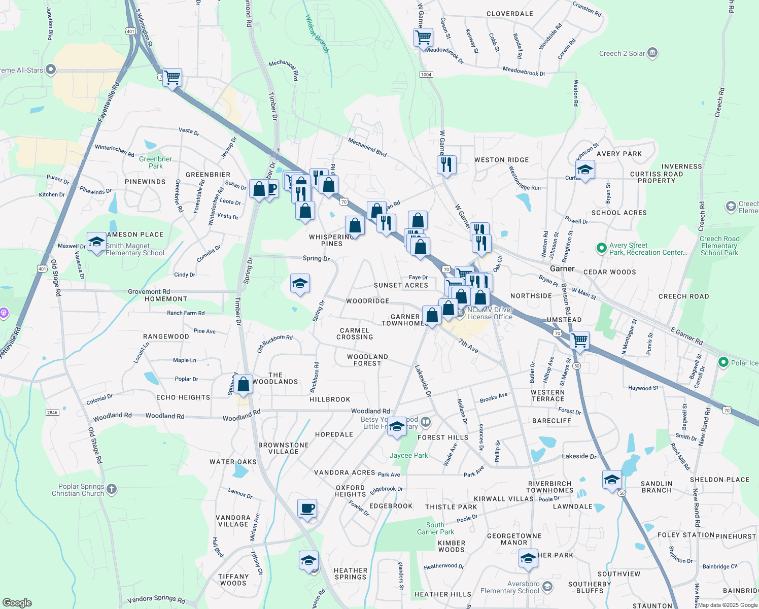 map of restaurants, bars, coffee shops, grocery stores, and more near 1511 Foxwood Drive in Garner