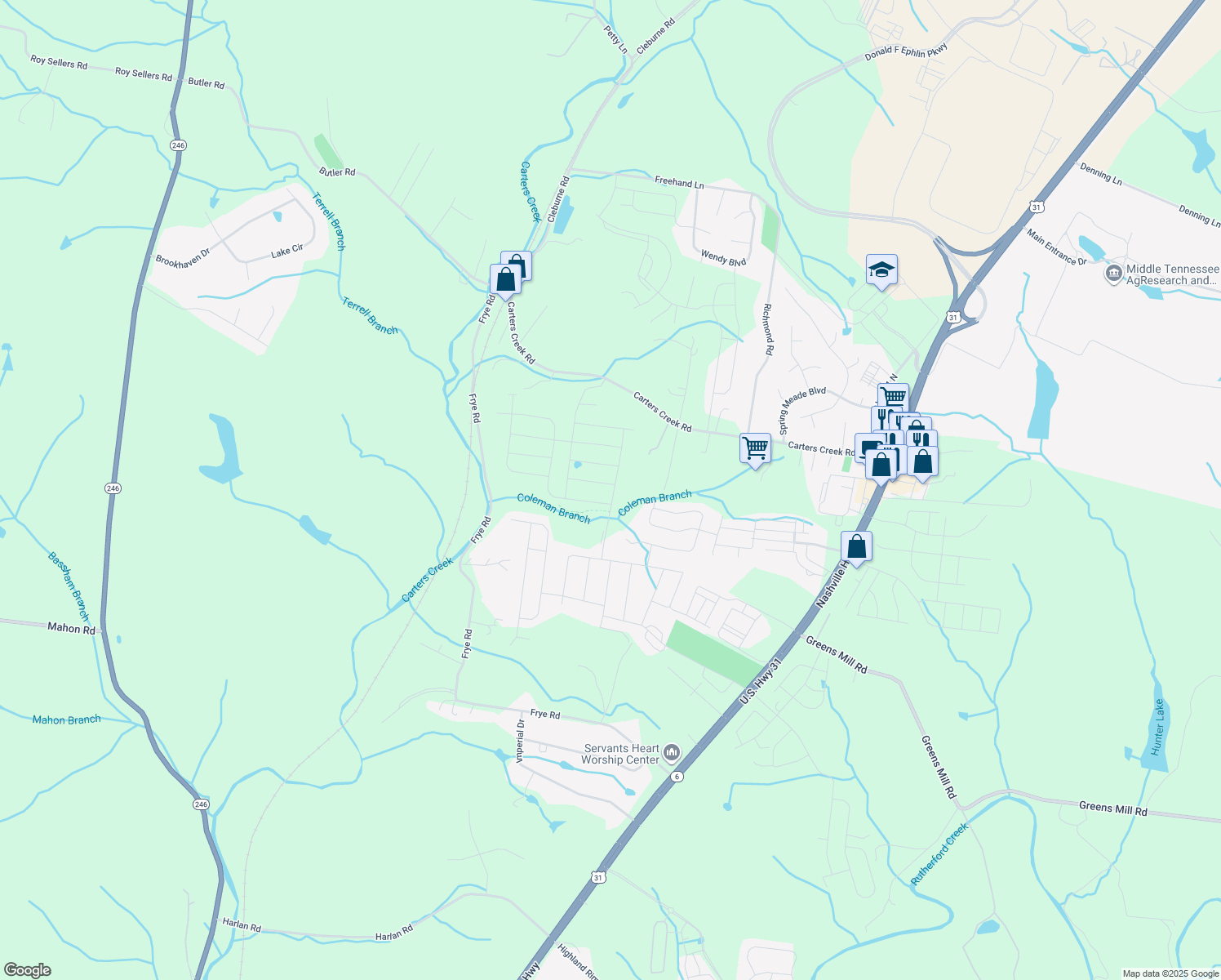 map of restaurants, bars, coffee shops, grocery stores, and more near 2857 Carters Creek Station Road in Columbia