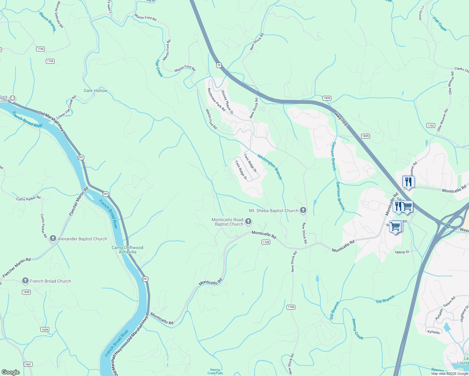 map of restaurants, bars, coffee shops, grocery stores, and more near 57 Twin Ridge Drive in Weaverville