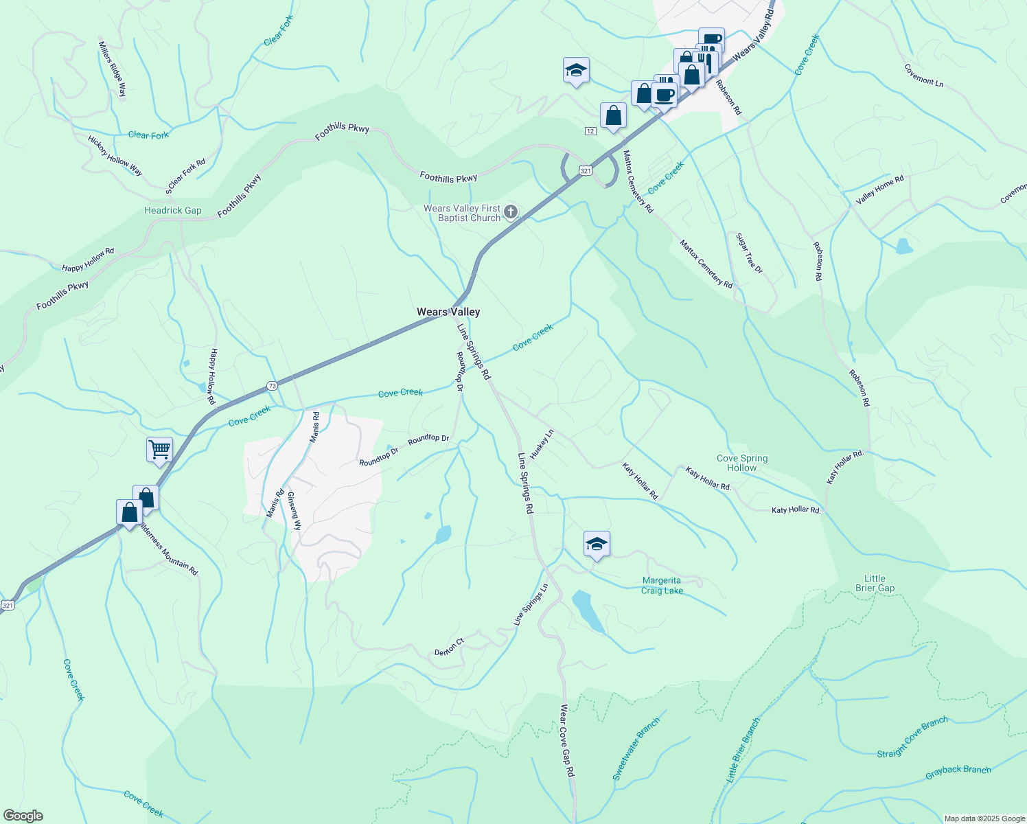 map of restaurants, bars, coffee shops, grocery stores, and more near 3955 Katy Hollar Rd in Pigeon Forge