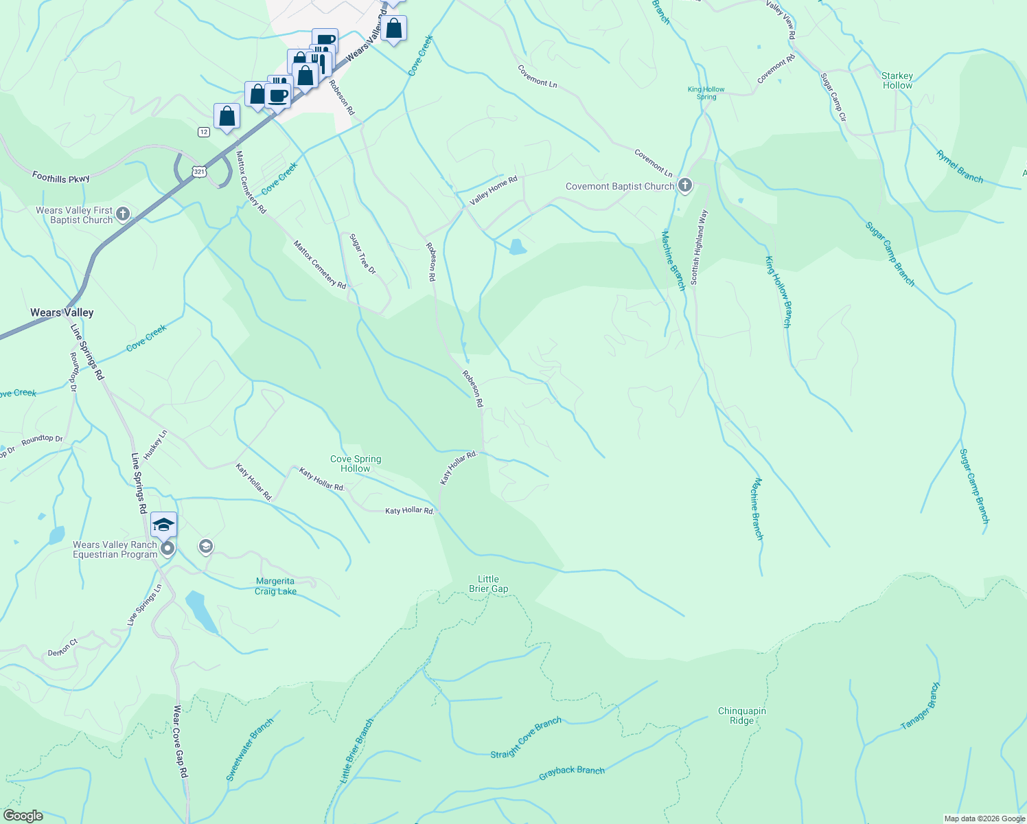 map of restaurants, bars, coffee shops, grocery stores, and more near 3165 Smokies Edge Road in Pigeon Forge