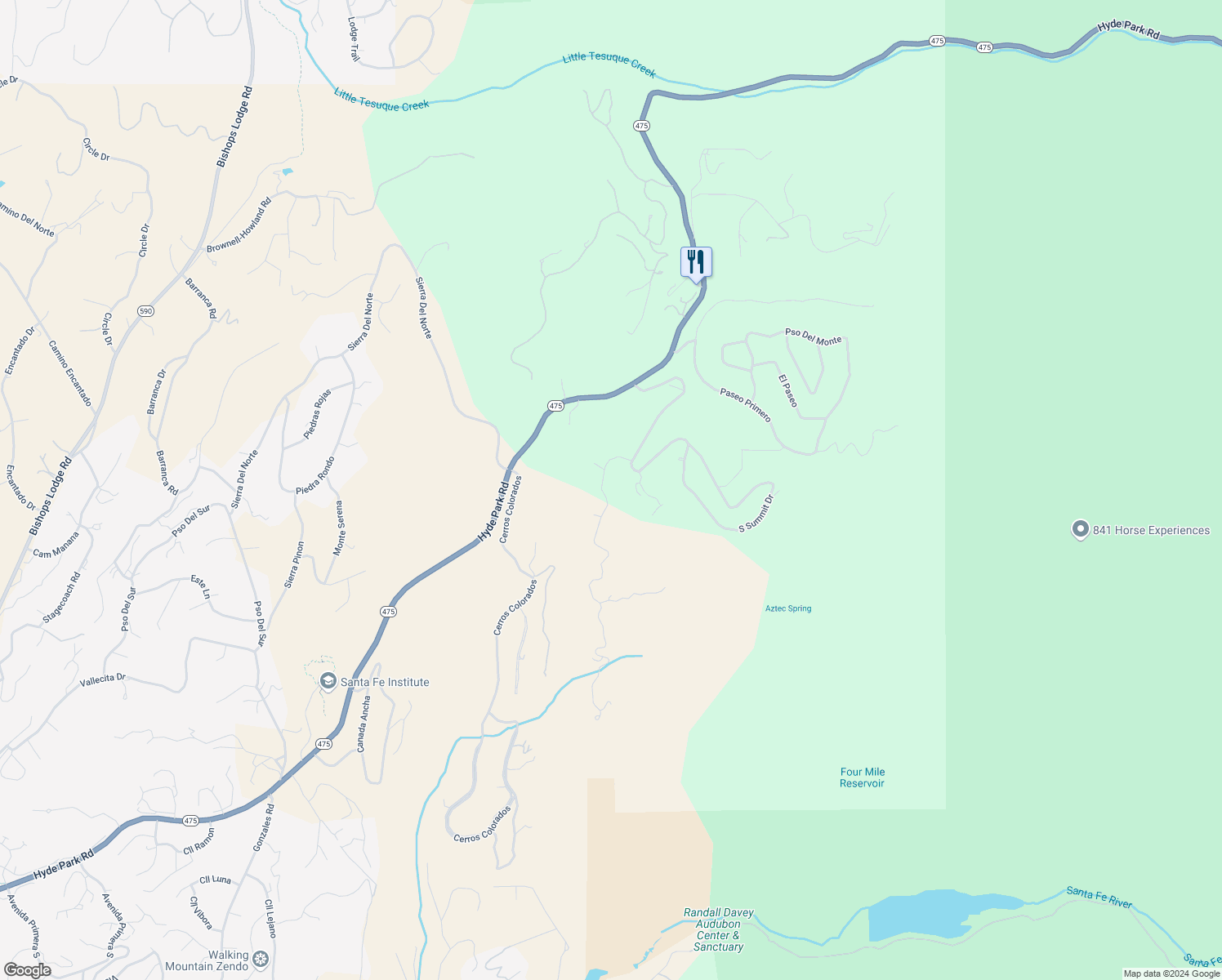 map of restaurants, bars, coffee shops, grocery stores, and more near 1117 South Summit Ridge in Santa Fe