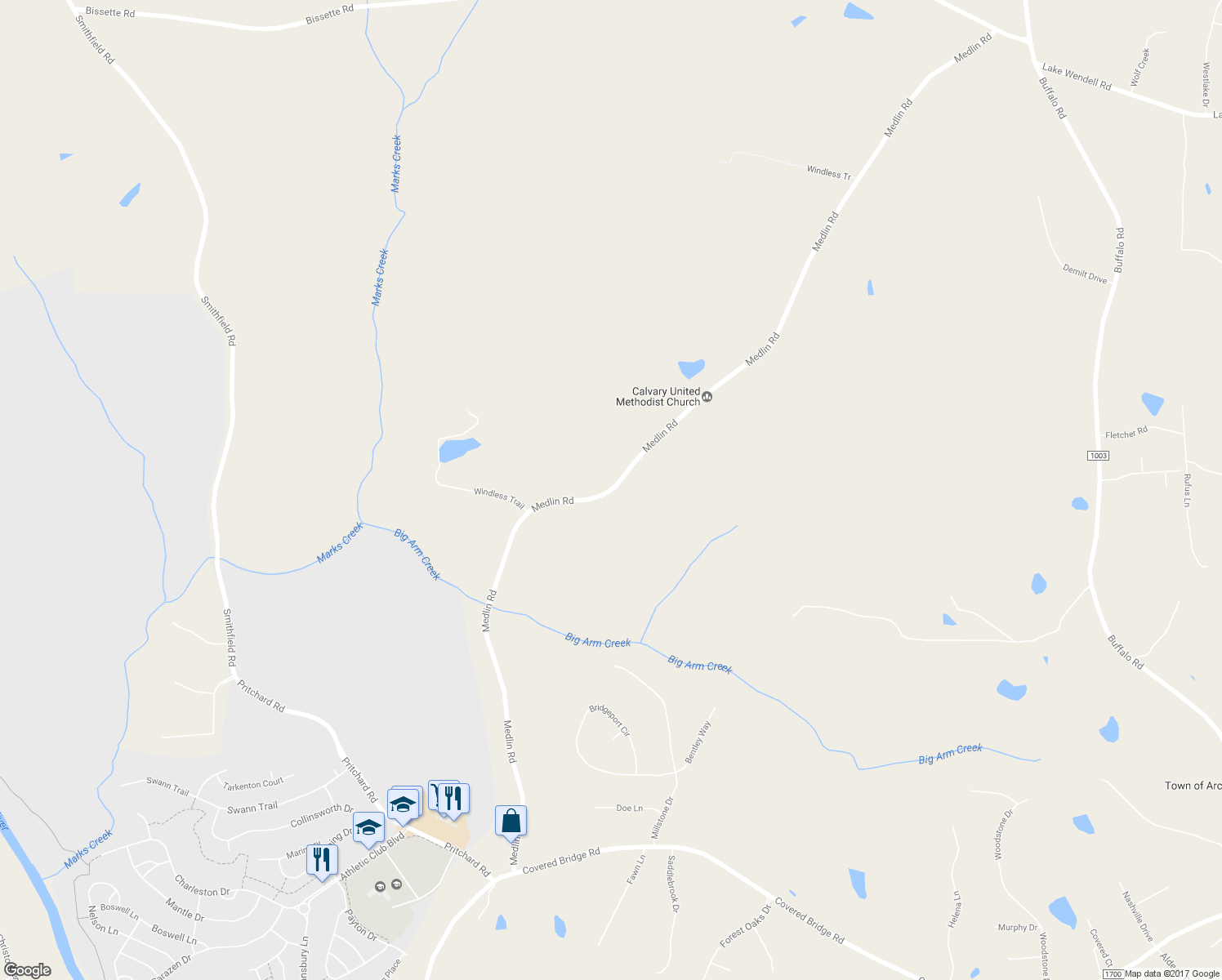 map of restaurants, bars, coffee shops, grocery stores, and more near 1481 Medlin Road in Clayton