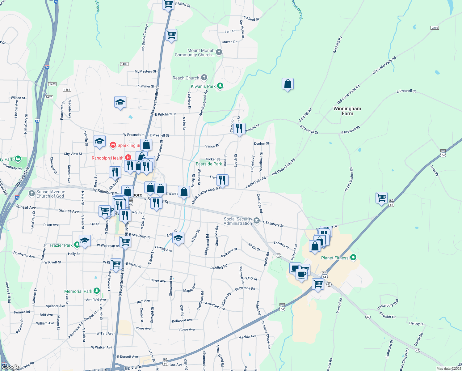 map of restaurants, bars, coffee shops, grocery stores, and more near 819 Martin Luther King Junior Drive in Asheboro