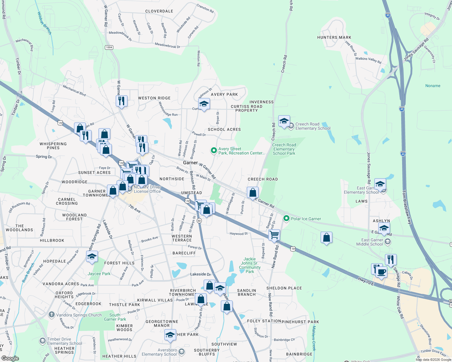 map of restaurants, bars, coffee shops, grocery stores, and more near 316 W Garner Rd in Garner