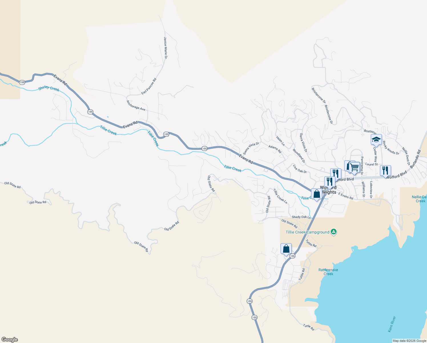 map of restaurants, bars, coffee shops, grocery stores, and more near 712 Old State Road in Wofford Heights