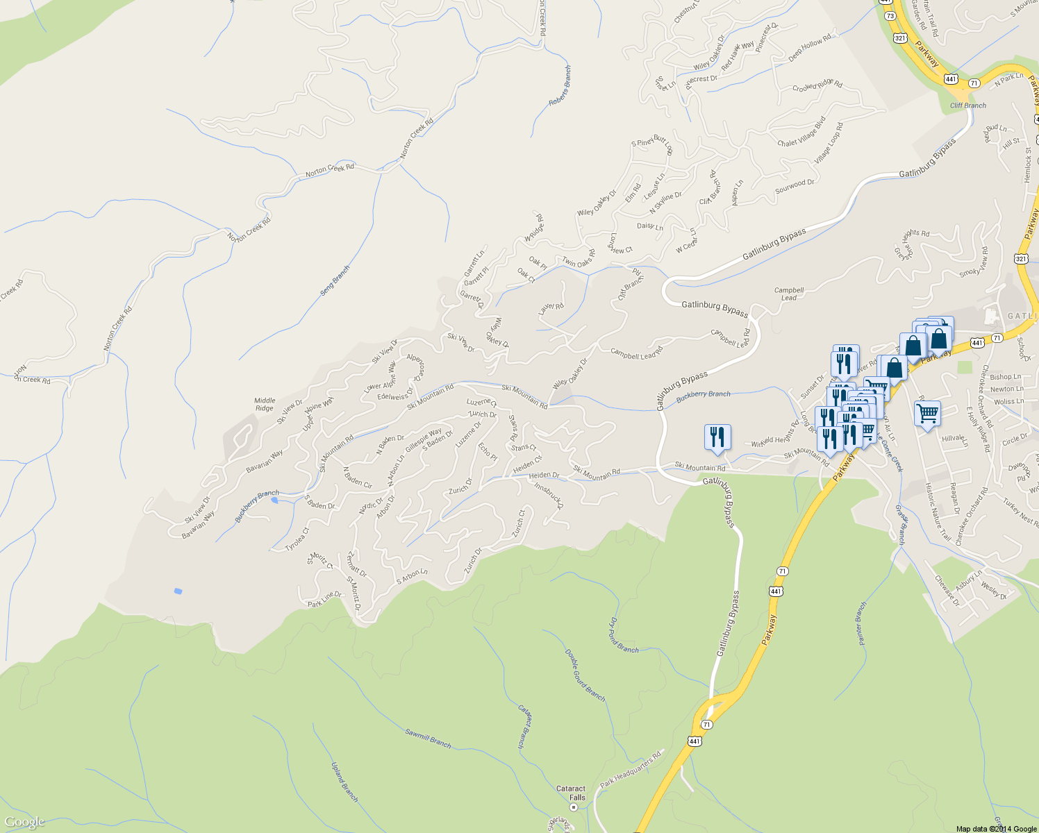 map of restaurants, bars, coffee shops, grocery stores, and more near 932 Stans Road in Gatlinburg