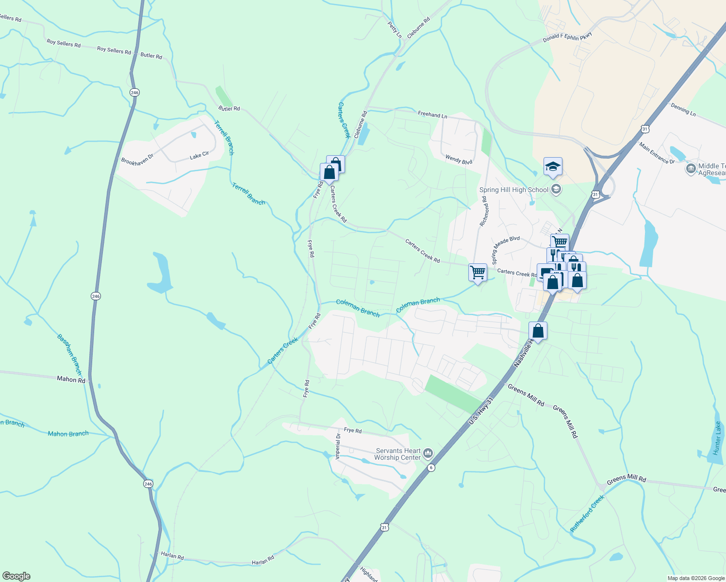map of restaurants, bars, coffee shops, grocery stores, and more near Chaplins Trace in Columbia