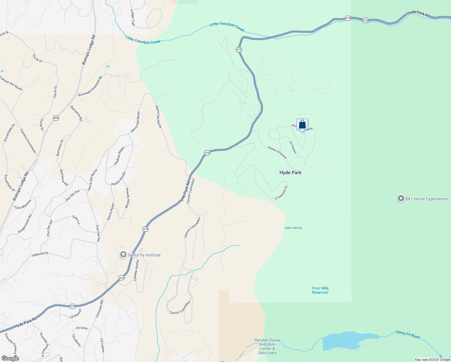 map of restaurants, bars, coffee shops, grocery stores, and more near 1117 South Summit Ridge in Santa Fe